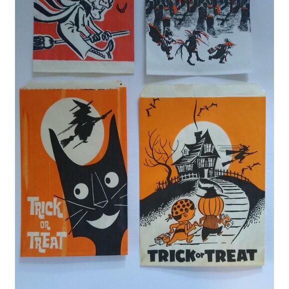 Halloween Candy Treat Bags Witch On Broom Haunted House Black Cats Graveyard - Picture 3 of 4